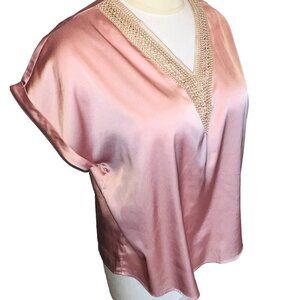 Chigant - Women's XXL Blouse Rose Pink Satin Crochet Trim VNeck Cuffed Sleeeve